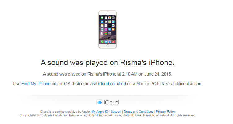 Tampilan email saat alarm iPhone berbunyi setelah dilaporkan hilang